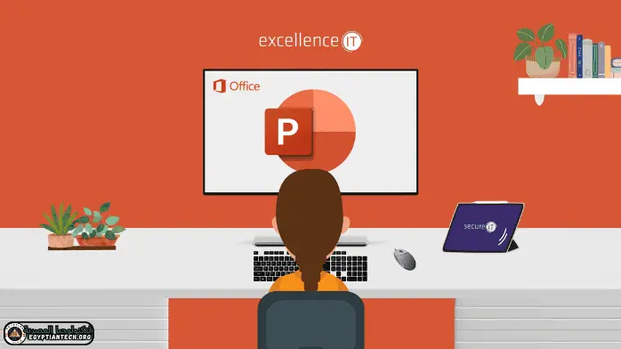 لقطة شاشة لبرنامج PowerPoint 2010 تعرض القائمة الرئيسية وخيارات تخطيط الشريحة وأدوات التحرير للعروض التقديمية